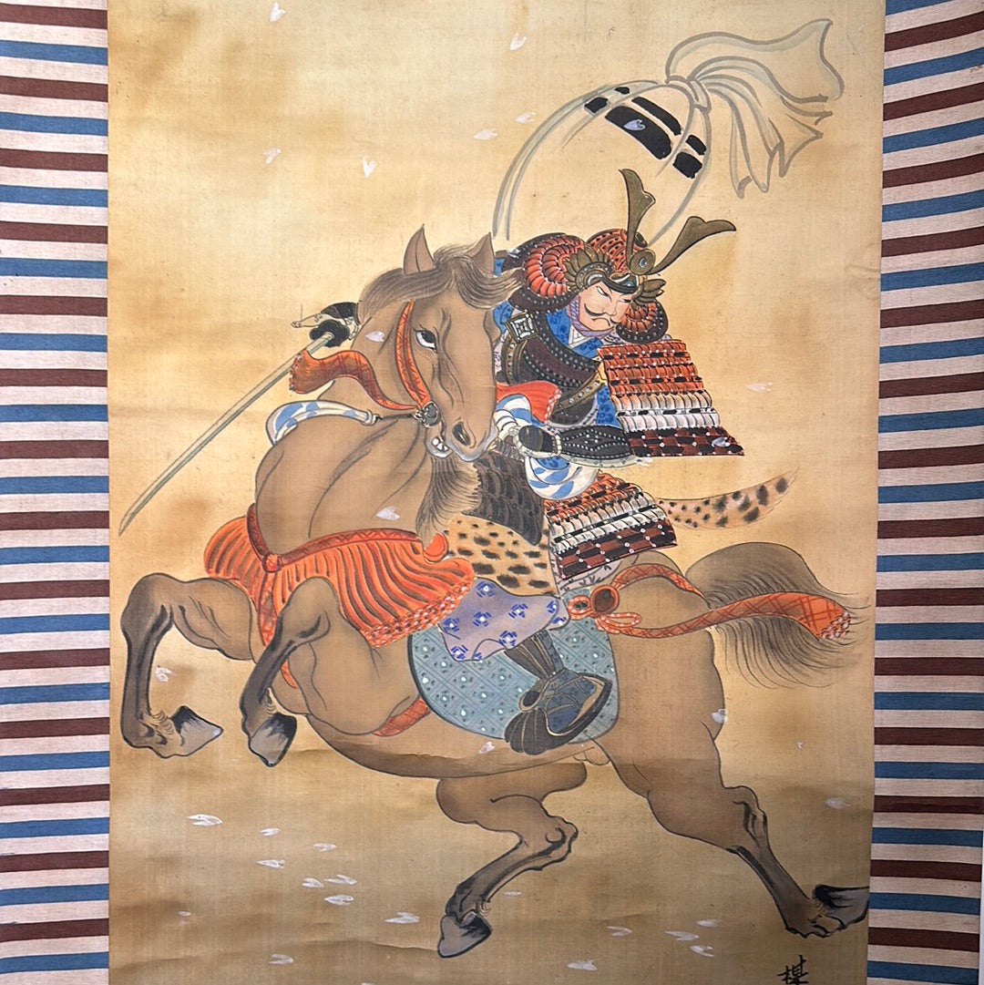 Japanese Scroll Hand Painted on Silk Taisho Era Samurai on Horseback 7 ...