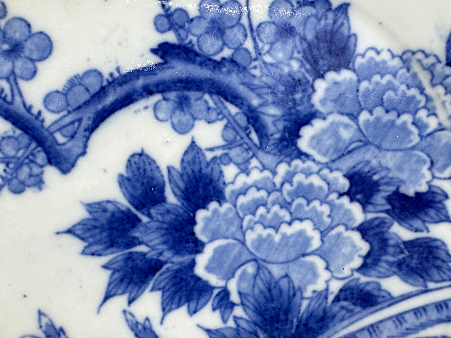 Antique Japanese Meiji Era c1880's Imari Blue & White Plate Birds Peonies 11"W