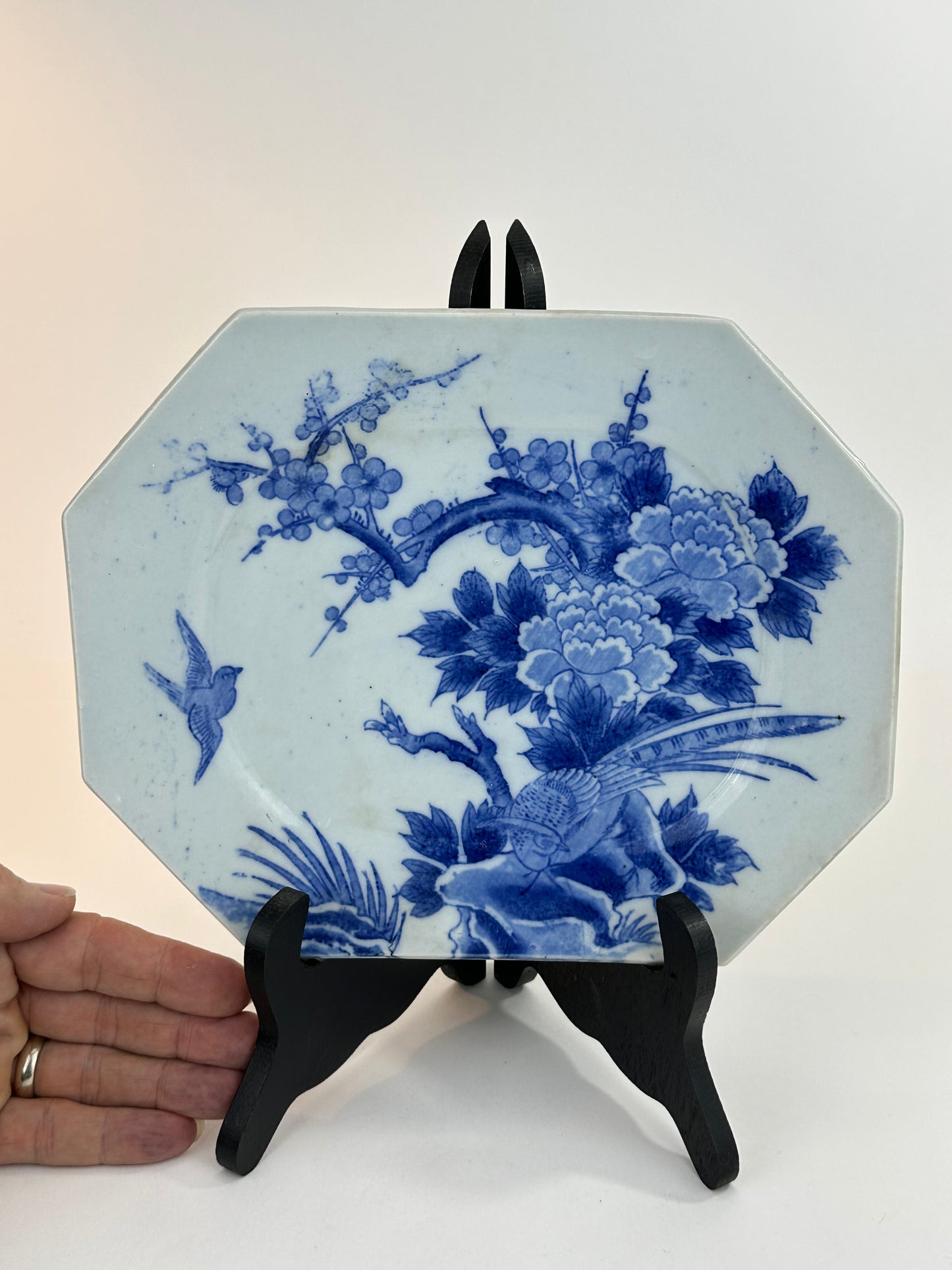 Antique Japanese Meiji Era c1880's Imari Blue & White Plate Birds Peonies 11"W