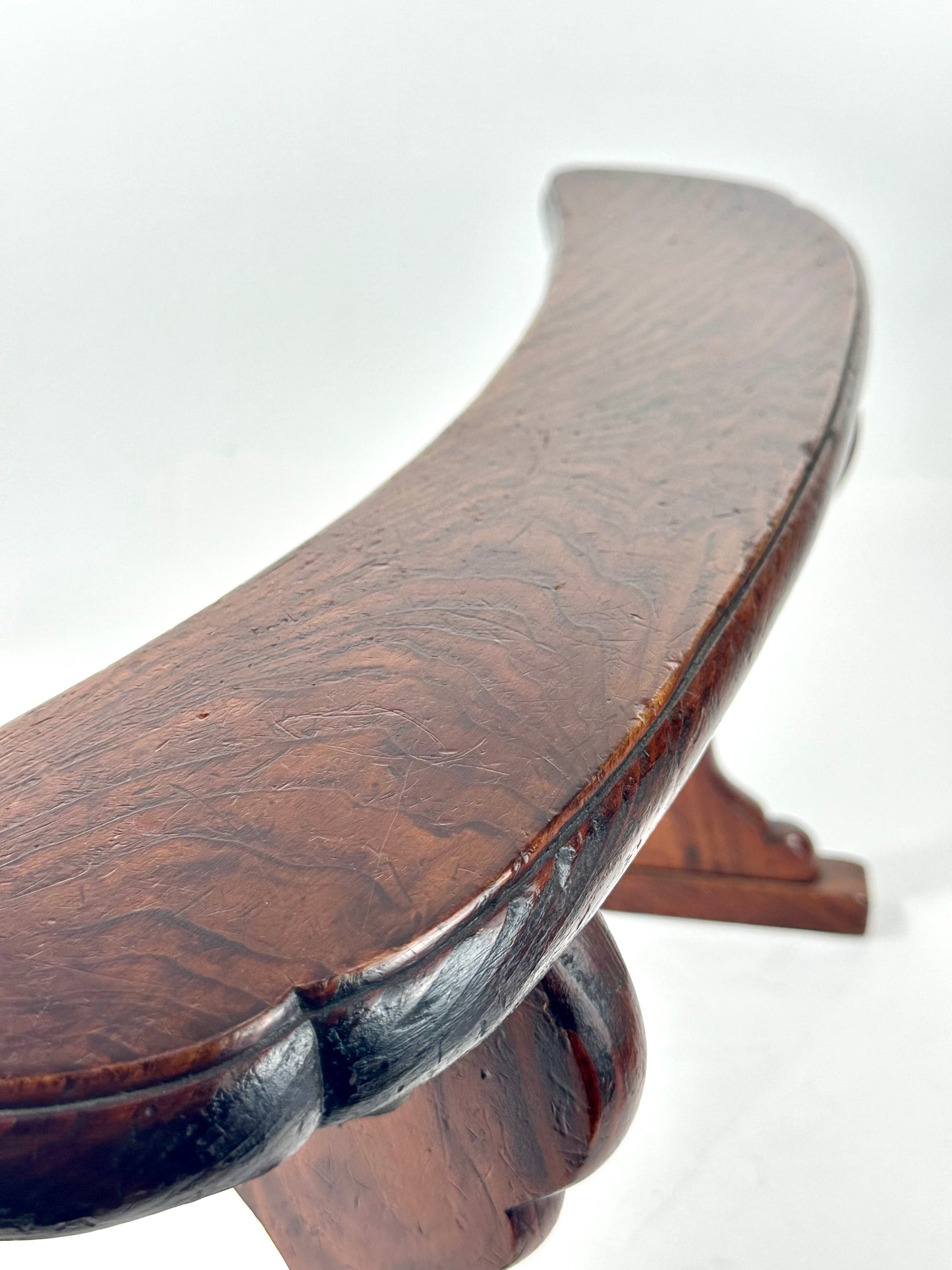 Antique Japanese Meiji Era Sugi Wood Armrest Kyosoku Curved Top Trestle Base 22"L
