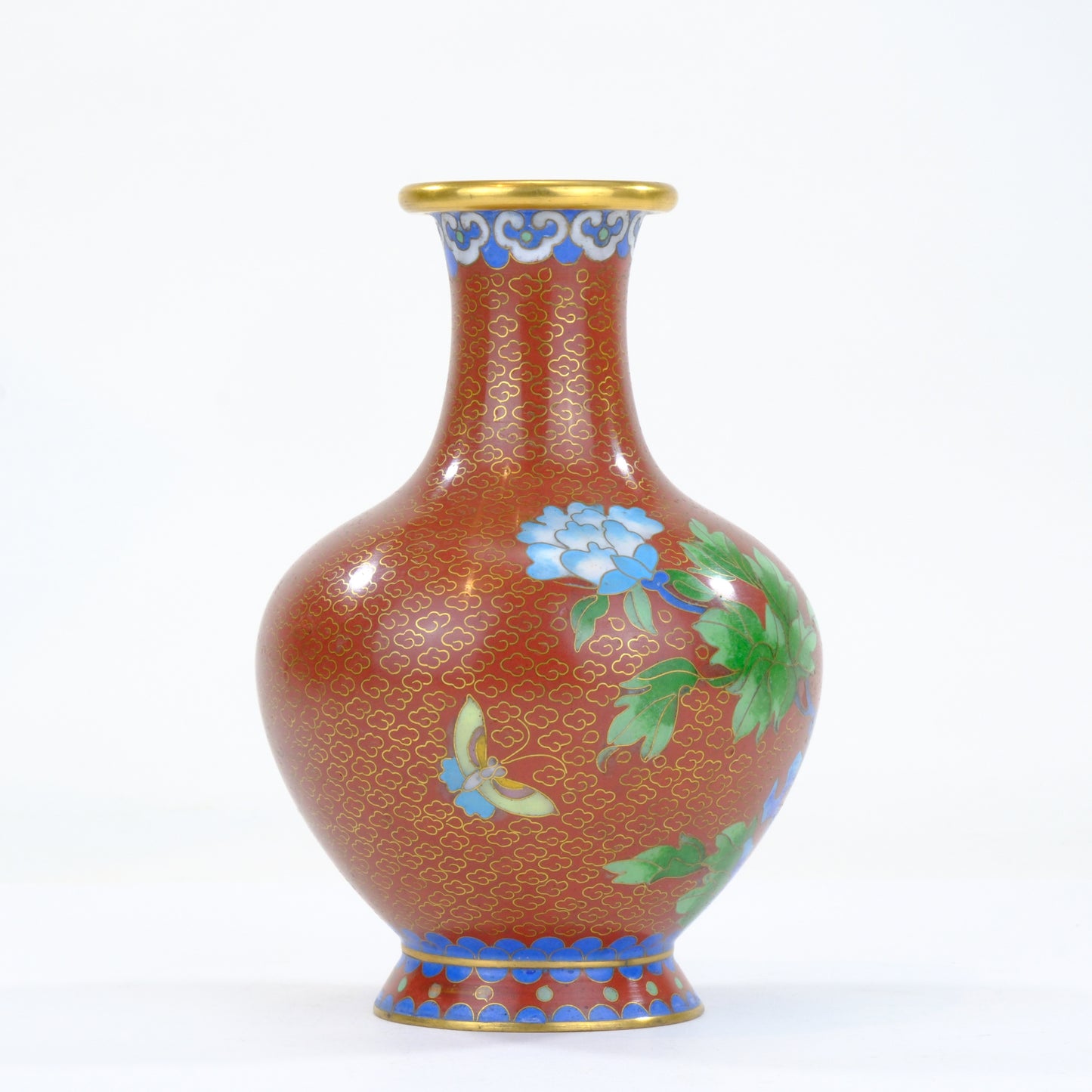 Chinese Cloisonne Enamel Vase Red Rust Ground White Peony Scholar Rock Blue Foot 6"H