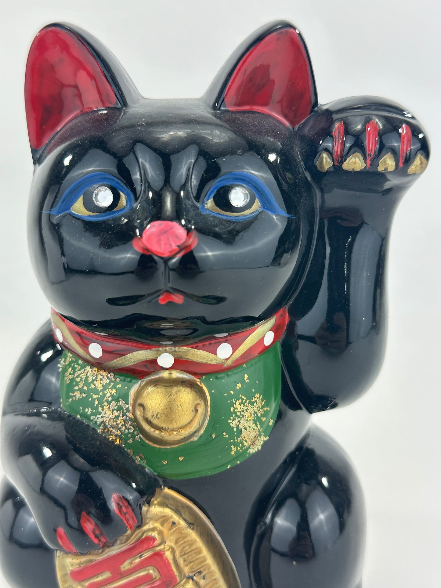 Vintage Japanese Black Ceramic Maneki Neko Fortune Cat Lucky Coin Bank 7"H