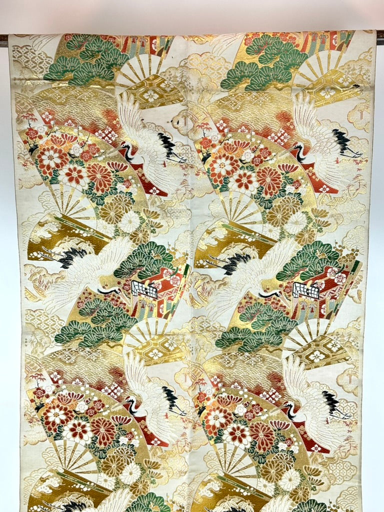 Antique Japanese Silk Maru Obi Gold Brocade Crane Fan Pine Nishijin 13'L