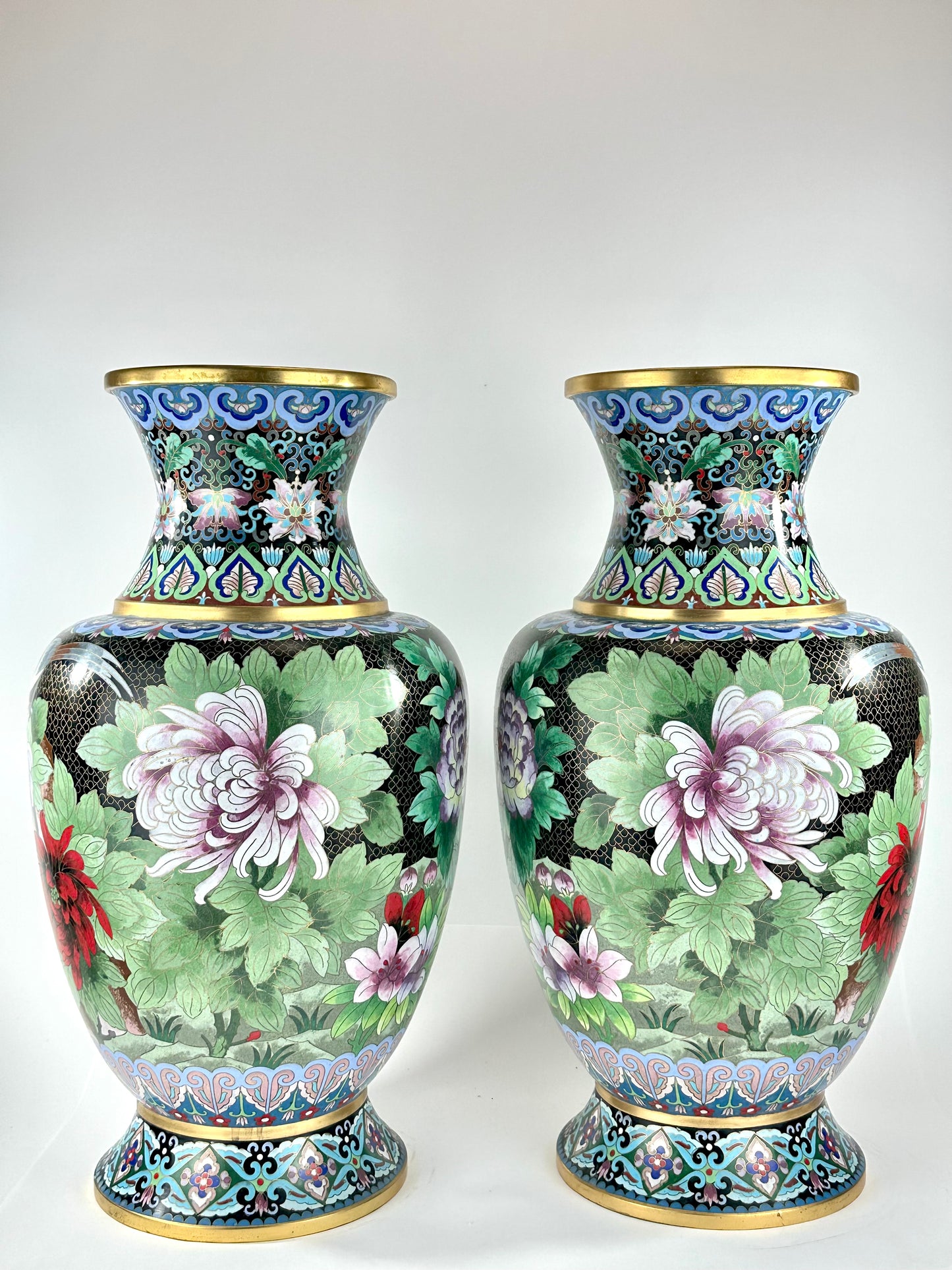 Vintage Chinese Cloisonne Vase Pair Black Ground Peony Pheasant Polychrome 20"H