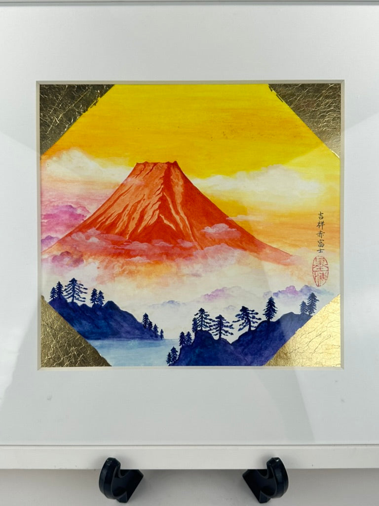Contemporary Nihonga Red Fuji Aka Fuji Watercolor Gold Leaf Ningshu Fang 2017 20"W LS#168