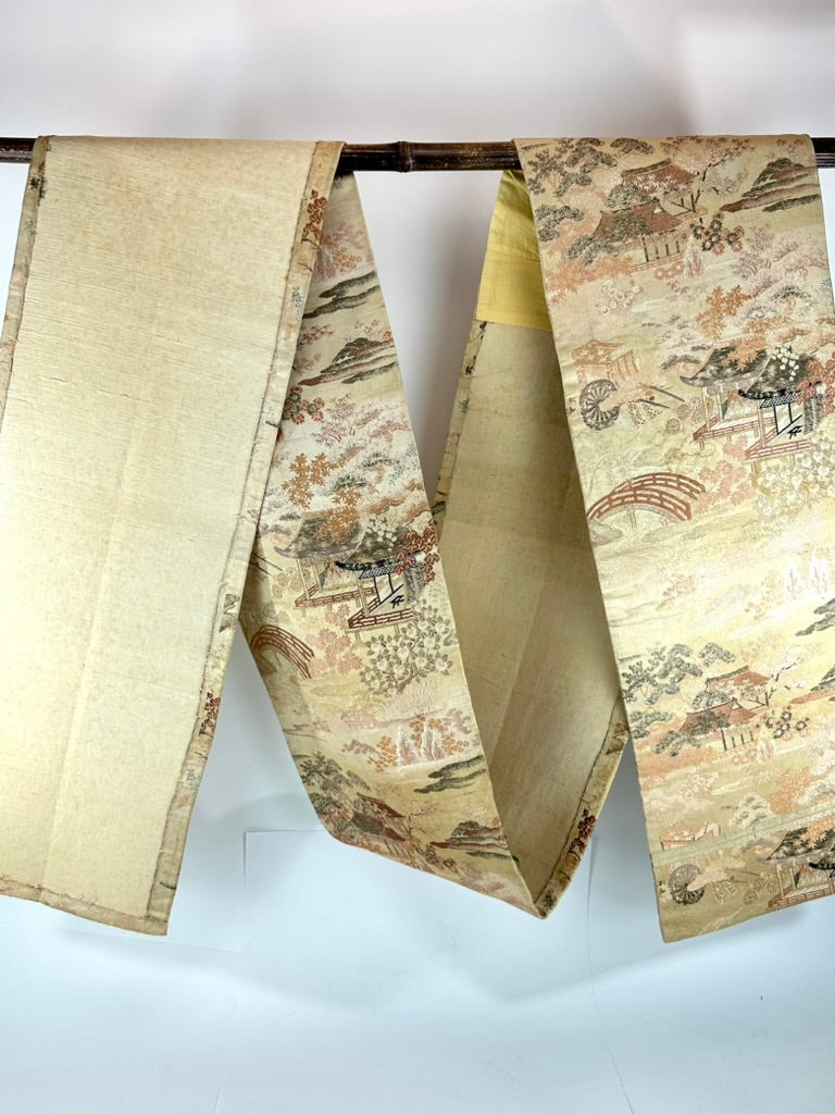 Antique Japanese Silk Obi Pictorial Garden Pavilion Bridge Genji Wheel 12'L