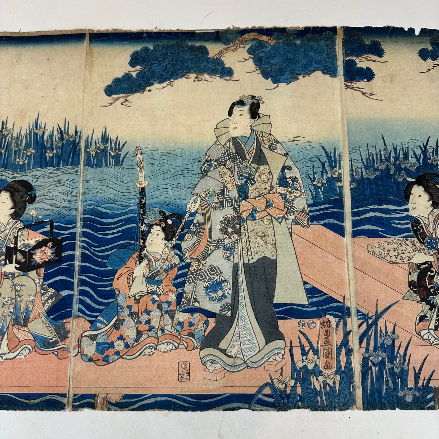 Original Japanese Woodblock Print: by Toyokuni III 1853 Tales Of Genji Iris Garden