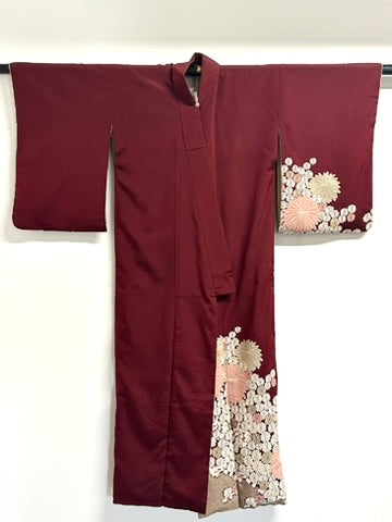 Vintage Japanese Silk Brocade Kimono Woven Kiku Chrysanthemum Burgundy Showa