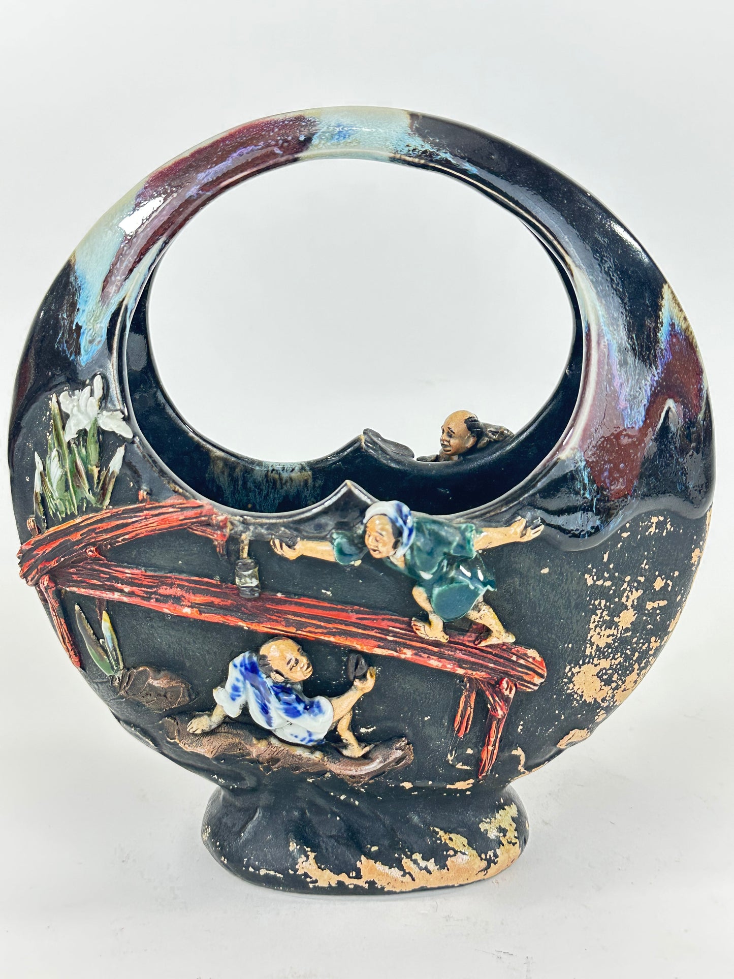 Antique Japanese Sumida Gawa Glazed Ceramic Basket Vase w/ Figures Inoue Ryosai (c.1900) LS#052