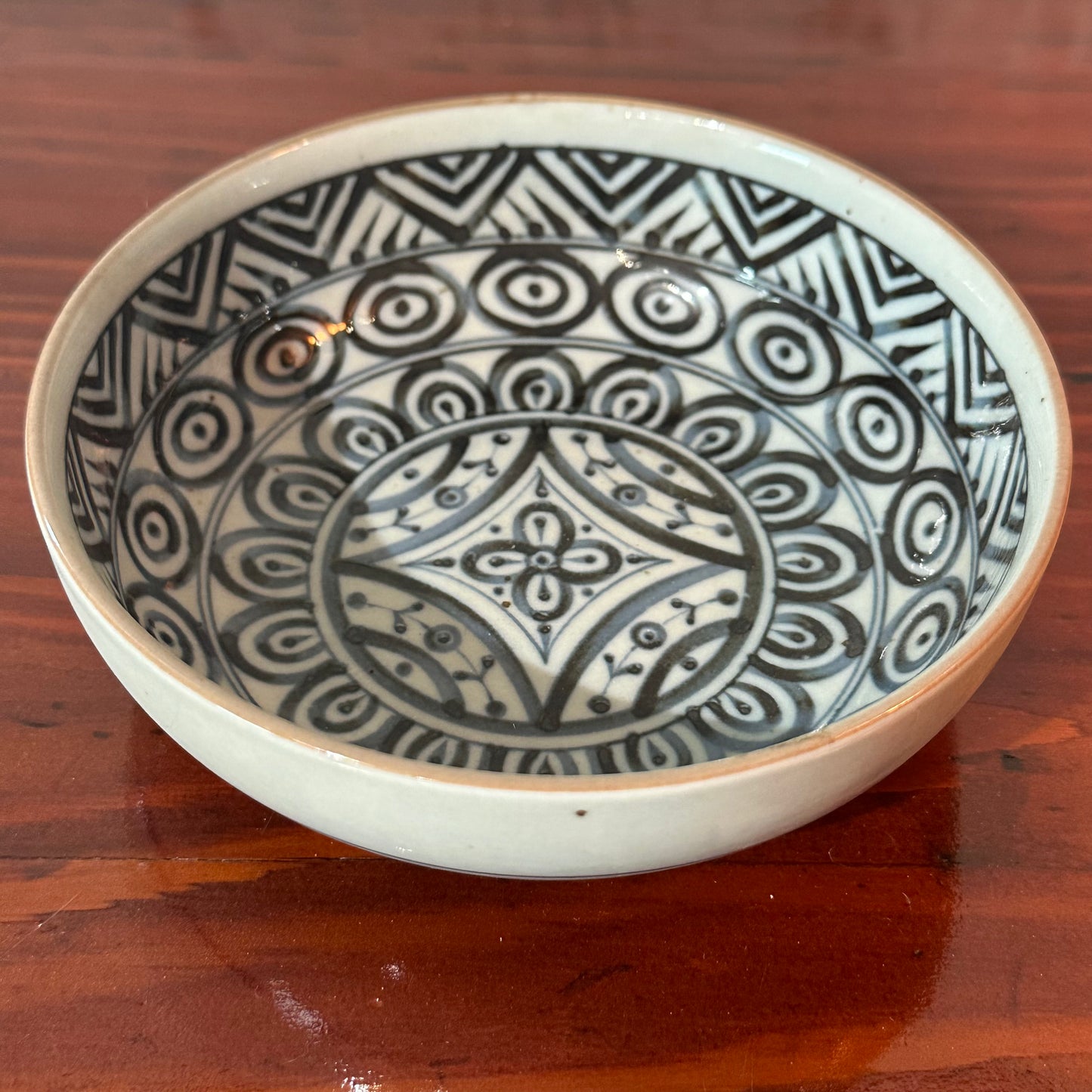 Vintage Showa Era Ceramic Dish Cherry Geometric Design 5"
