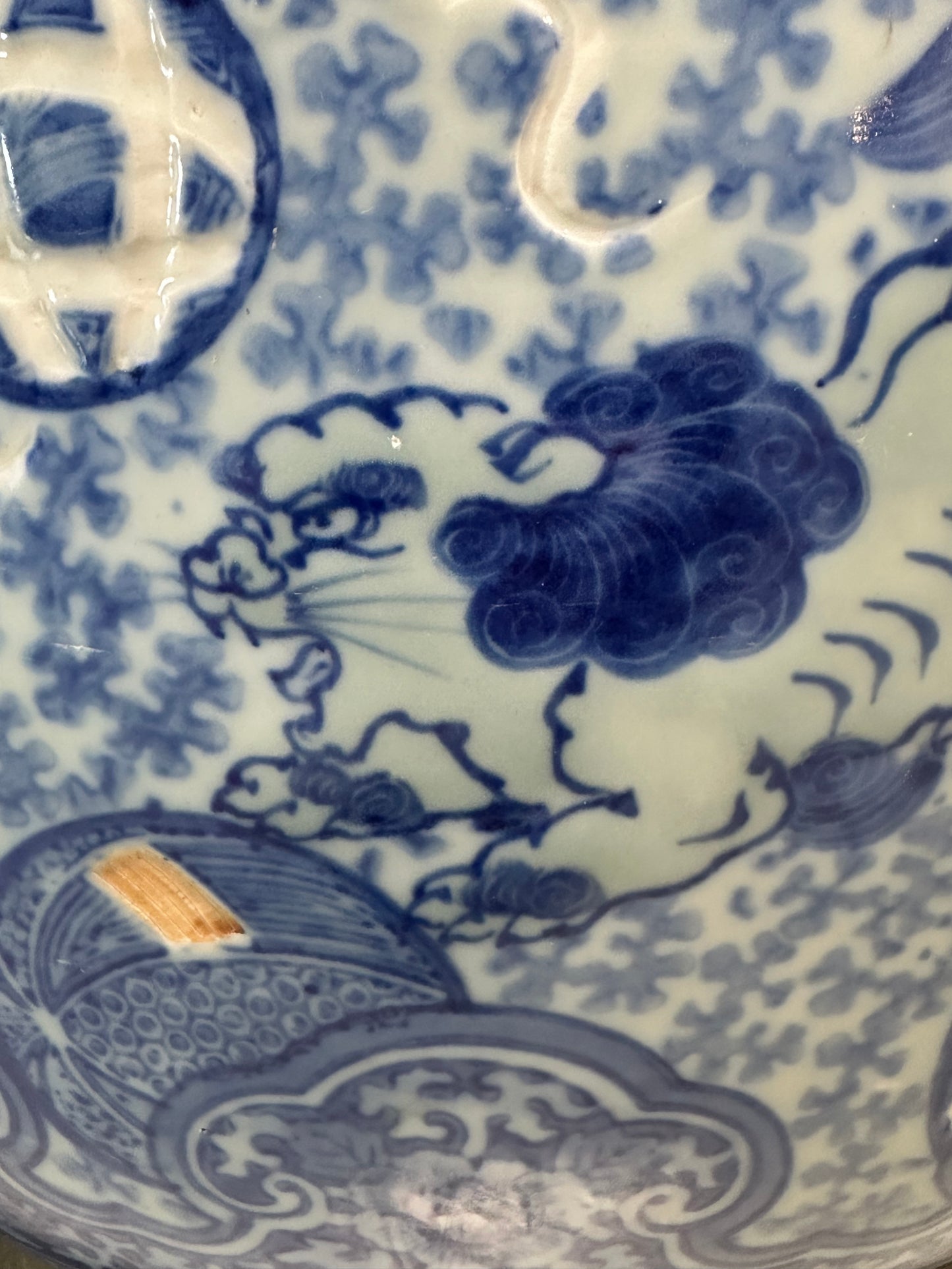 Antique Japanese Meiji Era Ceramic Blue & White Hibachi Brazier Floral Motif 20”