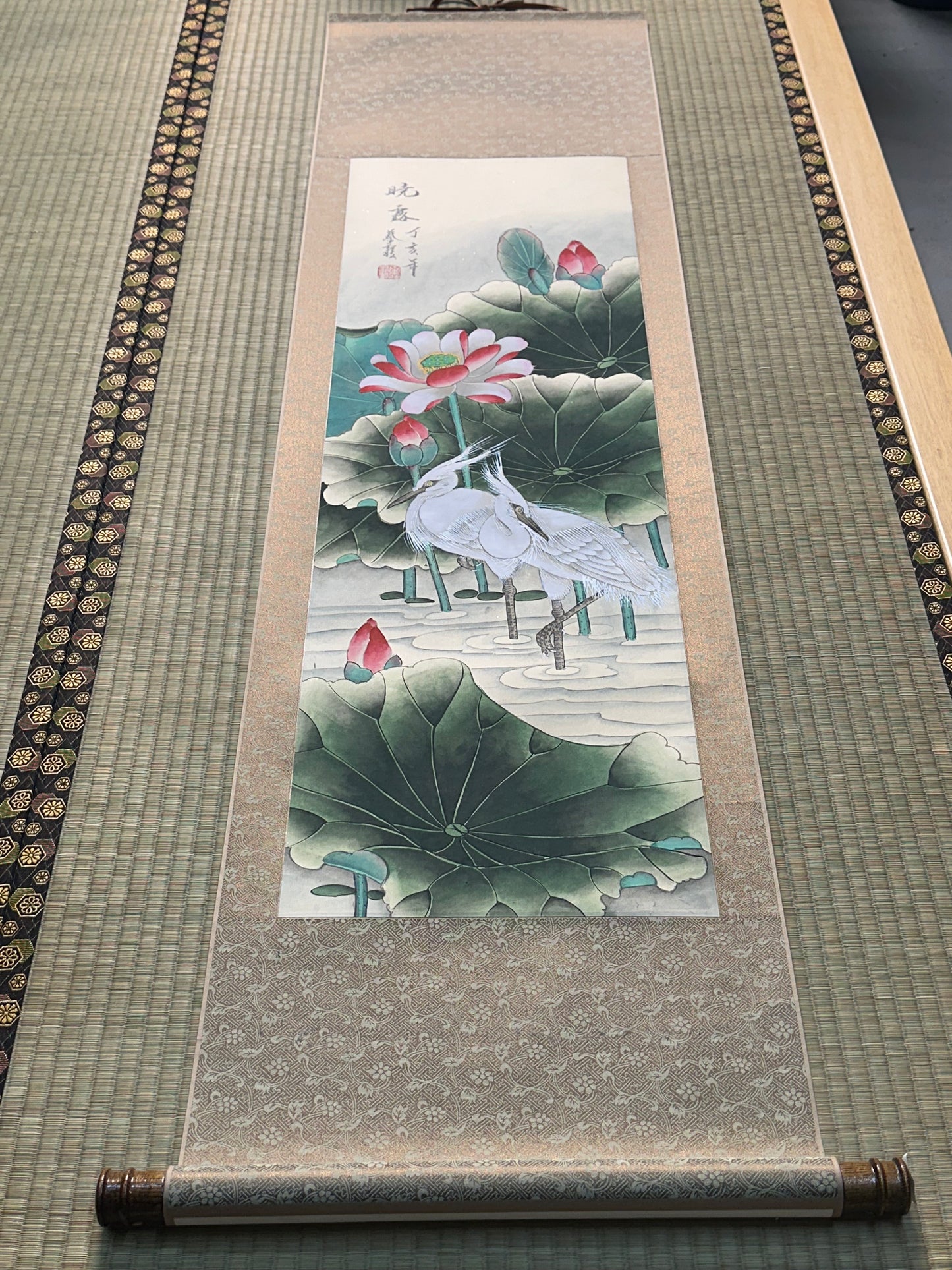Vintage Chinese Hanging Scroll Painting Egrets and Lotus Signed c1947 63"H