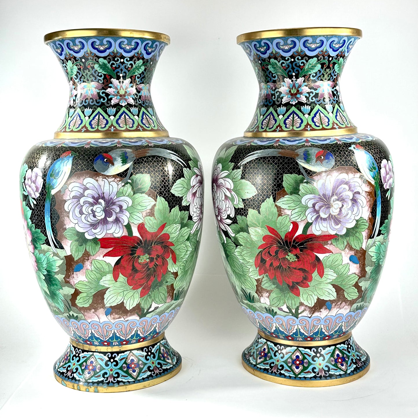 Vintage Chinese Cloisonne Vase Pair Black Ground Peony Pheasant Polychrome 20"H