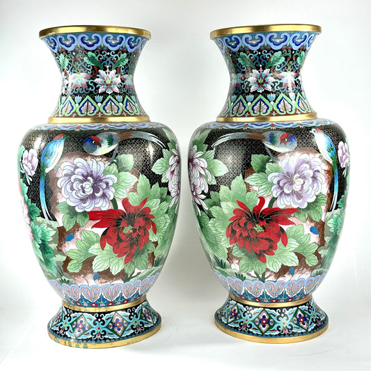 Vintage Chinese Cloisonne Vase Pair Black Ground Peony Pheasant Polychrome 20"H