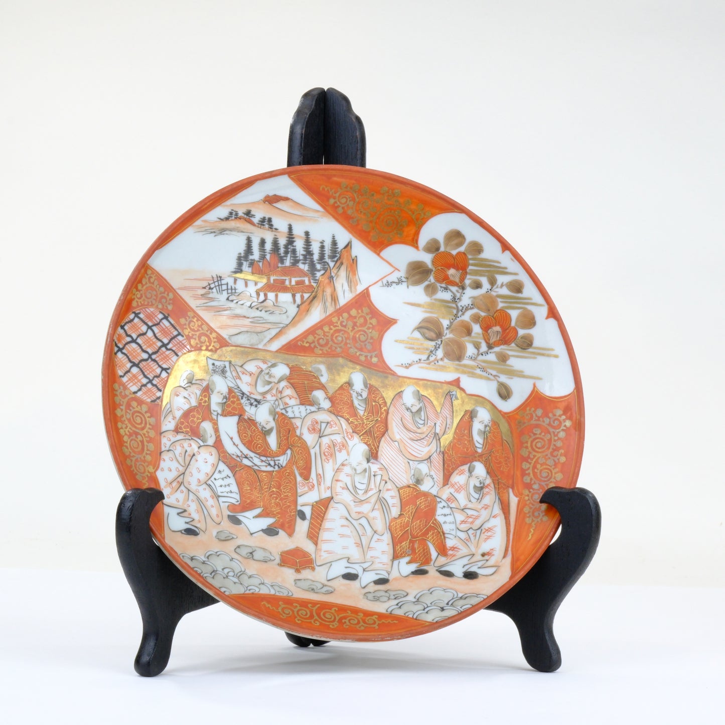 Antique Japanese Kutani Aka-e Plate Rakan Buddhist Figures Landscape Gold Meiji