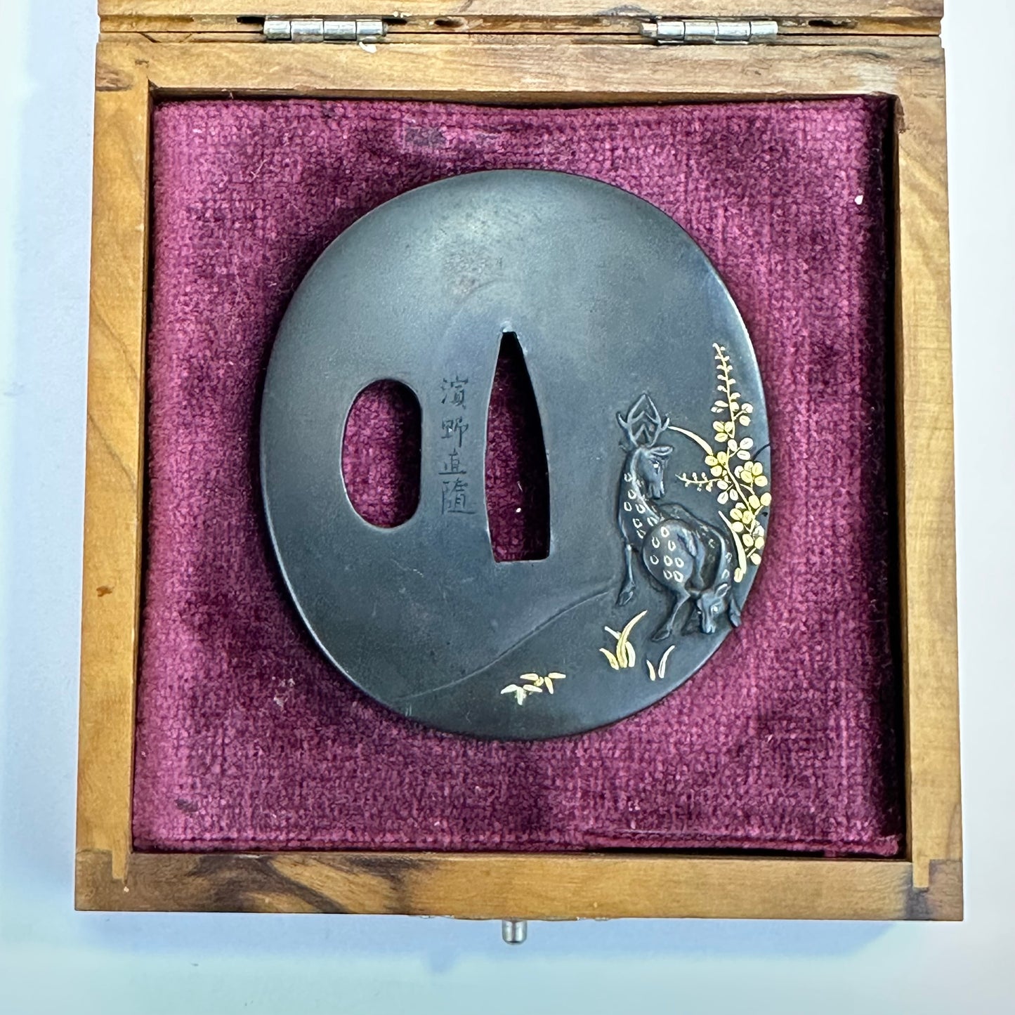 Antique Japanese Bronze Samurai Tsuba by Hamano (b1754) Deer Motif Gold Inlay 68mm