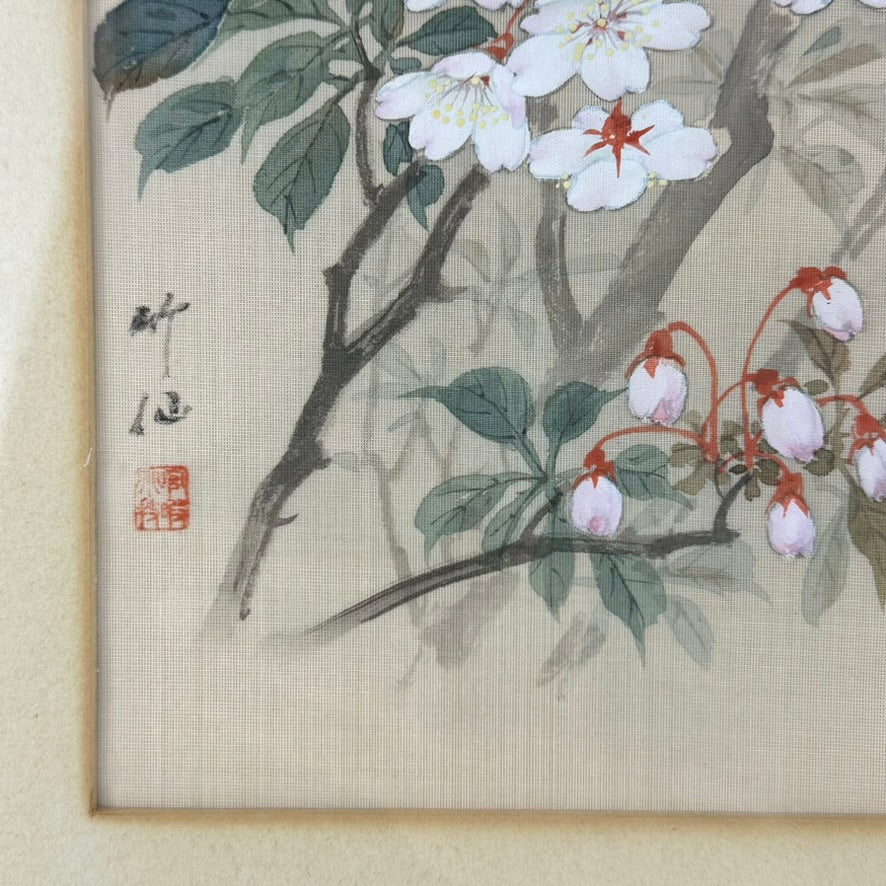Antique Japanese Kacho-ga Silk Painting Sakura Cherry Blossoms Framed 18"H