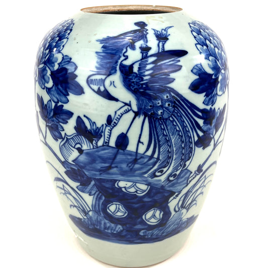Antique Chinese Qing 19th Blue & White Ginger Jar Hand Painted Phoenix 11"