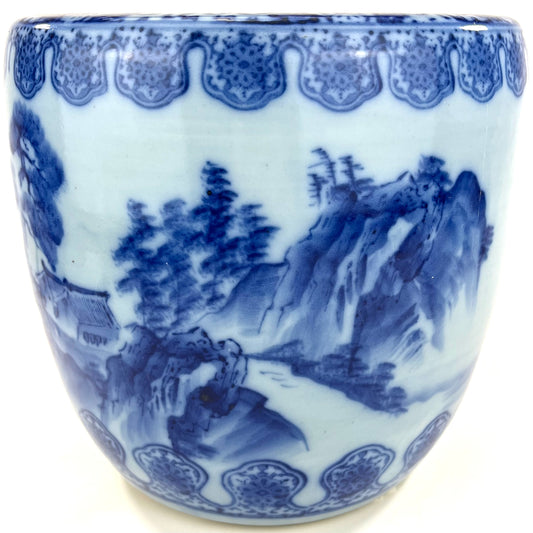 Antique Japanese Meiji Era Ceramic Blue & White Hibachi Brazier mountans & water 10.5”