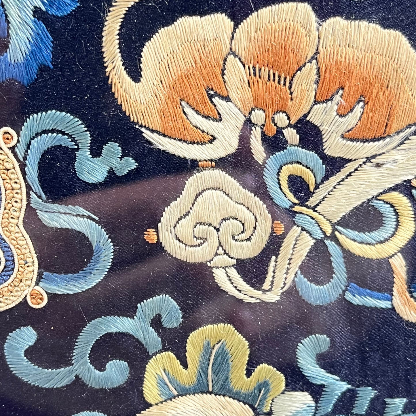 Framed Chinese Silk Blue Emboidery Wedding Roundel 23"