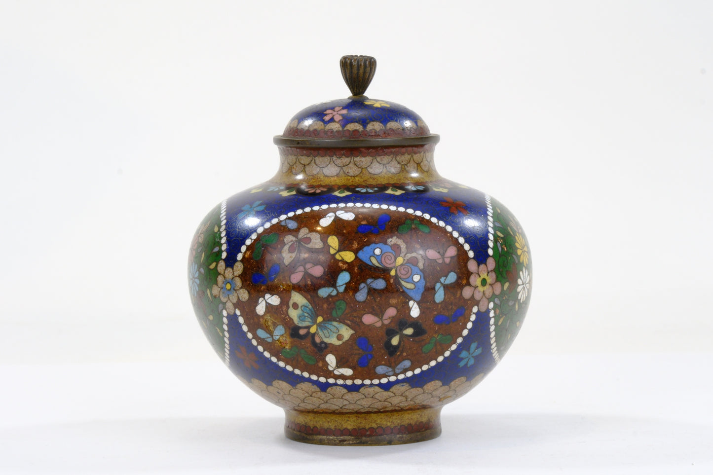 Japanese Meiji Cloisonne Enamel Covered Jar Cobalt Phoenix Floral Cartouche Bronze Finial 5"H