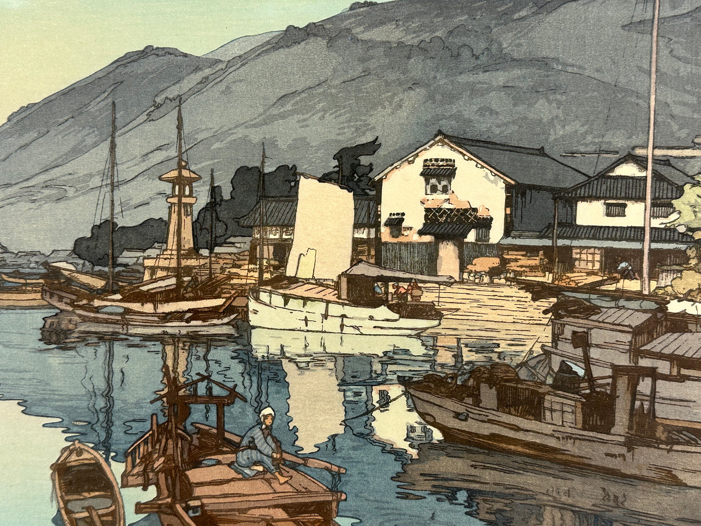 Hiroshi Yoshida Woodblock Print "Harbor of Tomonoura" 1930 Original