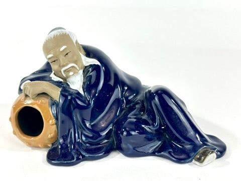 Vintage Chinese Ceramic Li Bai Drunk Poet Reclining Figure Brush Rest Cobalt Blue Glaze 7"
