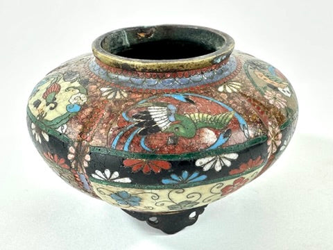 Japanese Meiji Cloisonne Shippo Vase Phoenix Floral Three Feet Red Brown 3"H