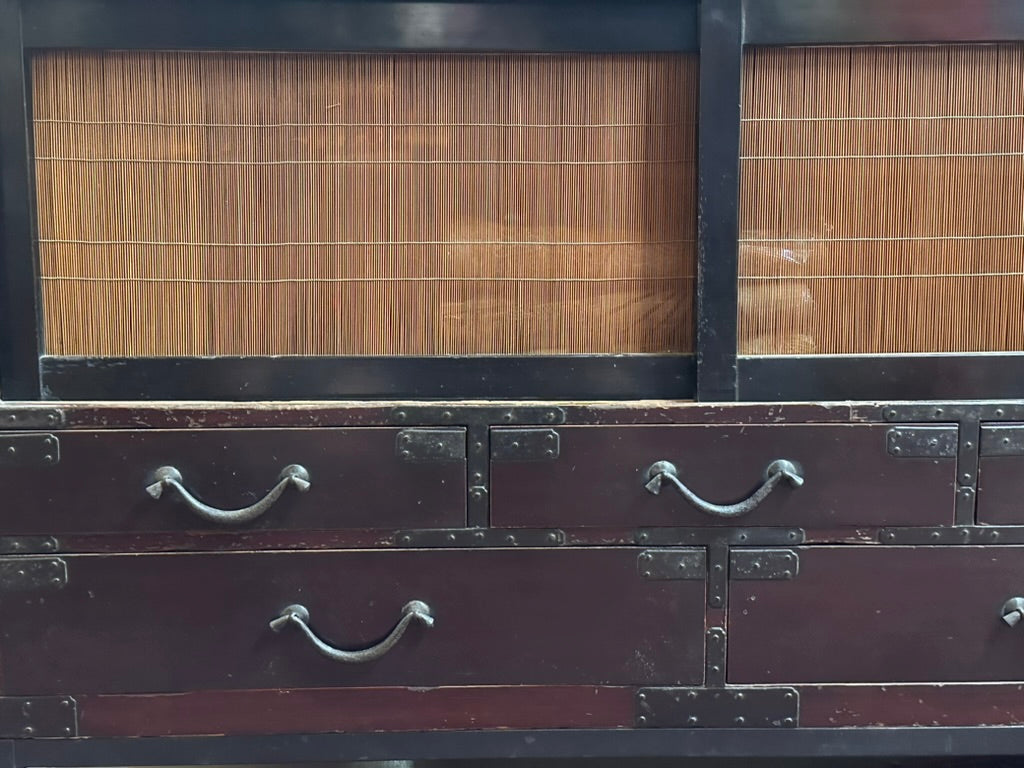 SAVE 40% Antique Japanese Isho Dansu Kimono Chest Red Lacquer Reed Doors Meiji 48"W