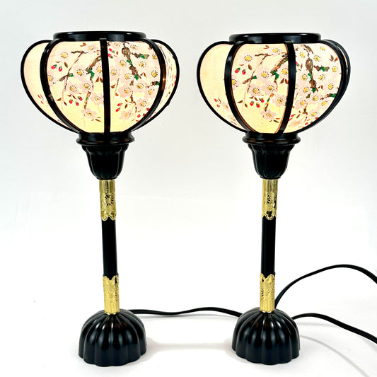 Japanese Showa Era Hiunkudo Sakura Lantern Table Lamp Pair Black Lacquer Brass 15"H
