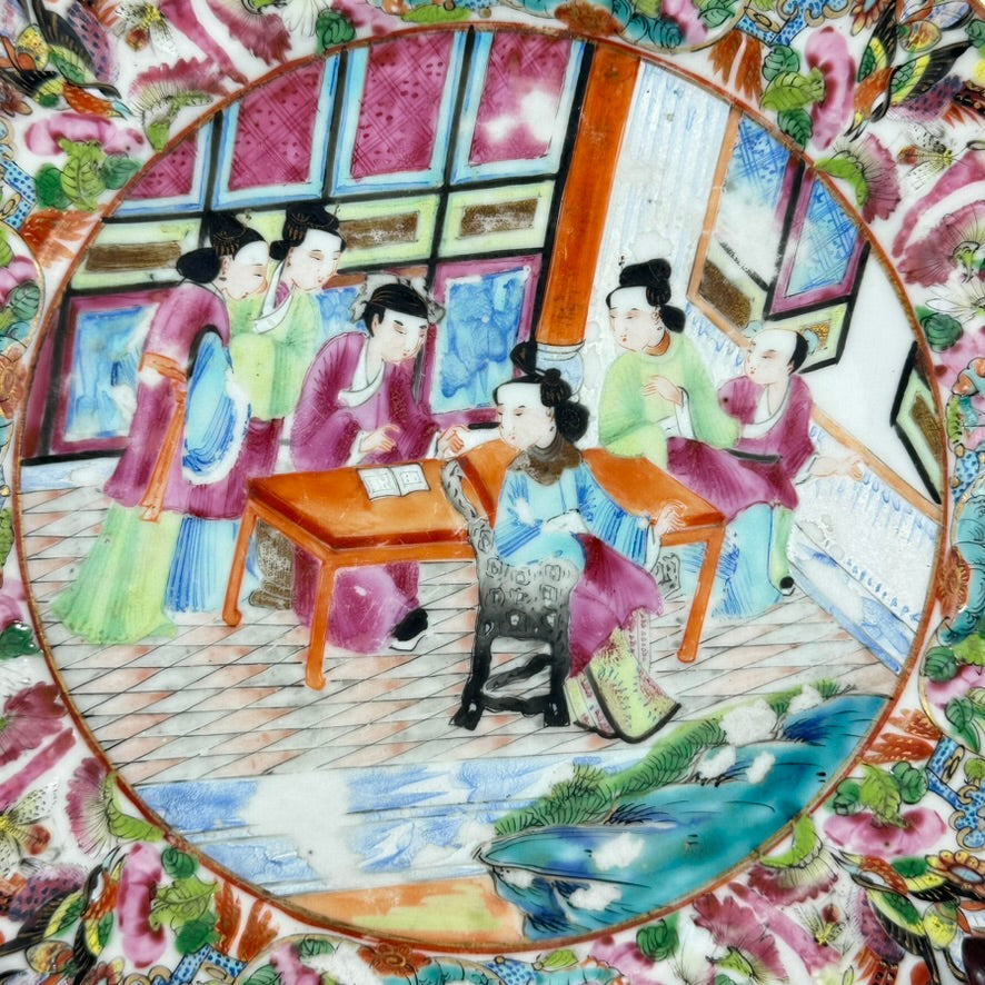 Antique Chinese Qing Famille Rose Canton Porcelain Plate Domestic Scene 8″W