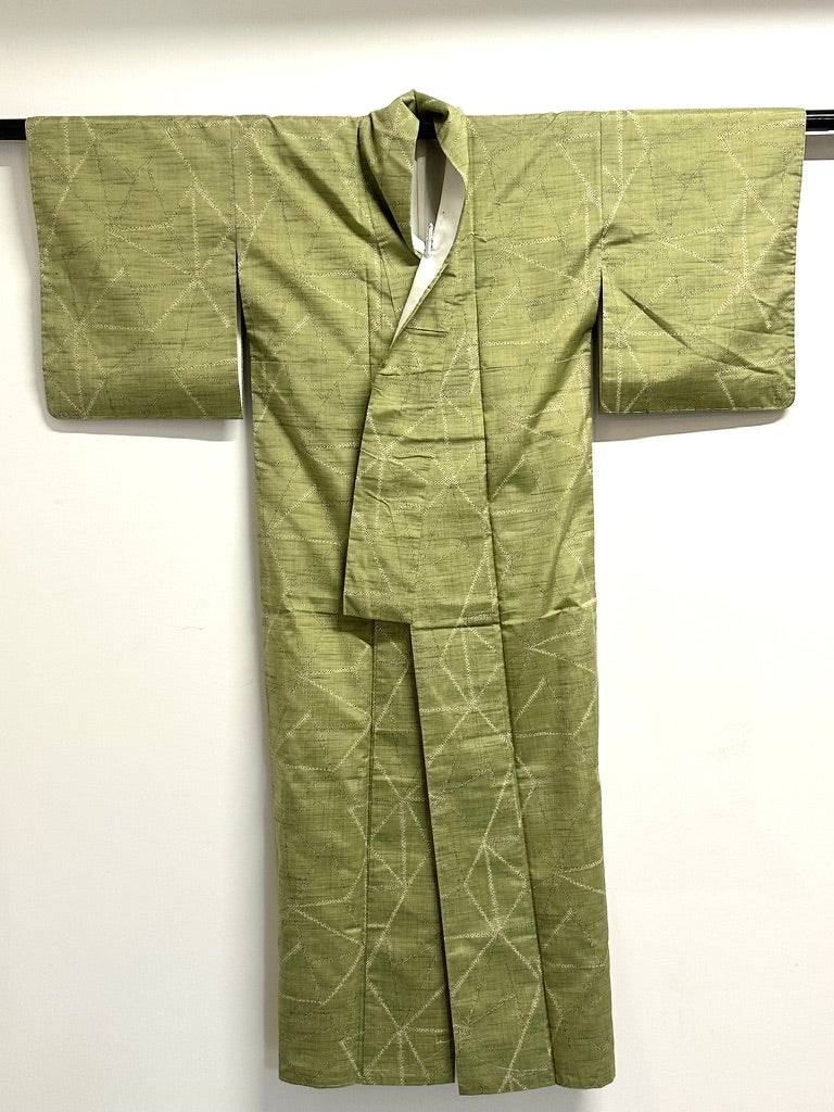 Vintage Japanese Hand Woven Tsumugi Silk Kimono Geometric Diamond Unused Showa