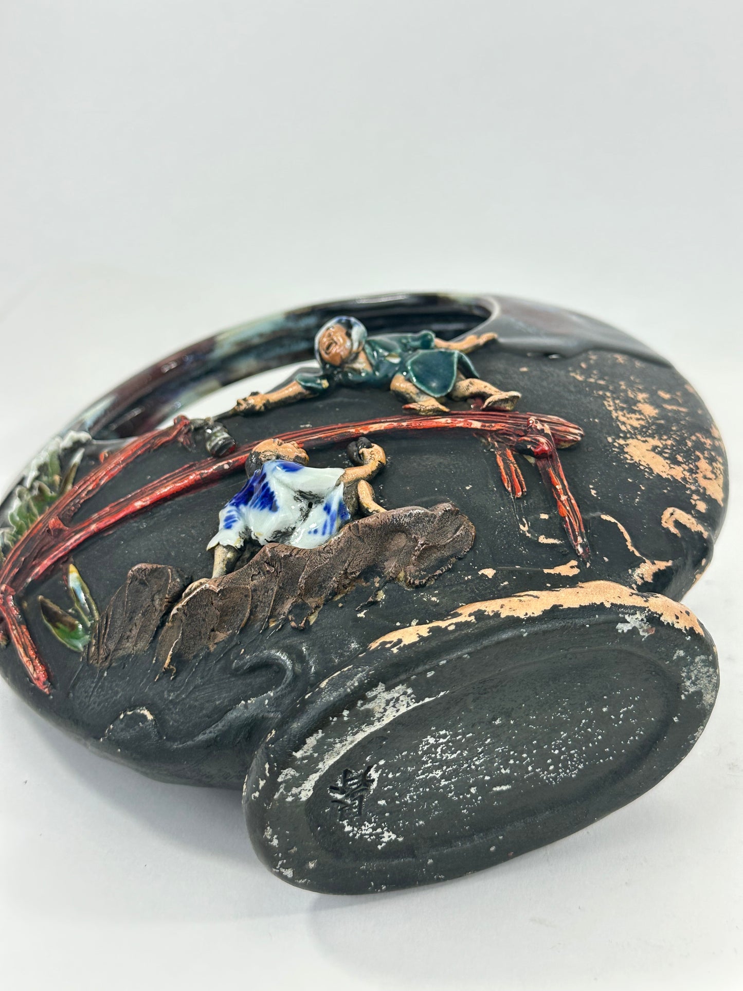 Antique Japanese Sumida Gawa Glazed Ceramic Basket Vase w/ Figures Inoue Ryosai (c.1900) LS#052