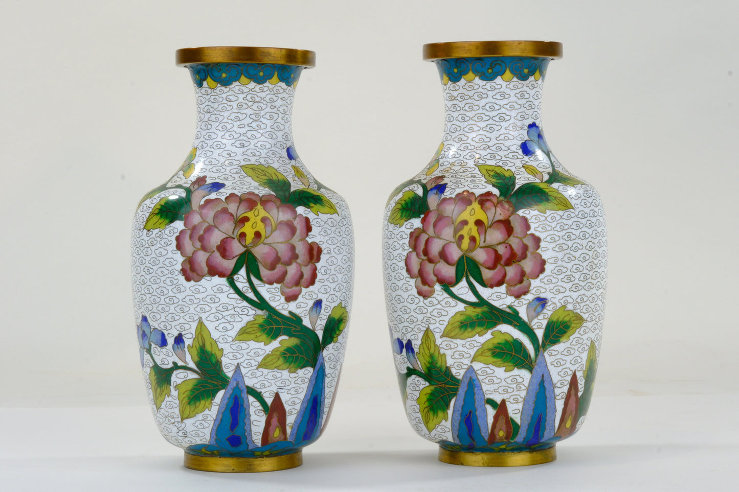 Chinese Cloisonne Enamel Vase Pair White Ground Pink Peony Cloud Pattern Teal Border 6.5"H