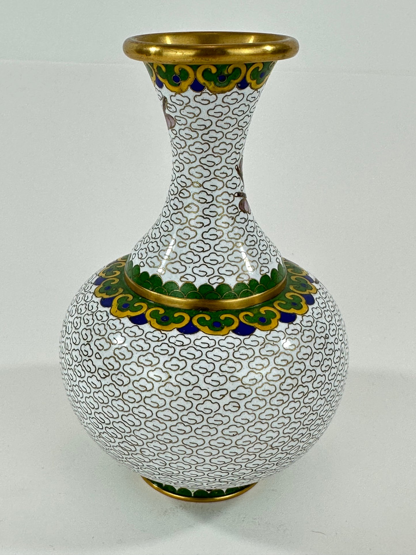 Vintage Chinese White Cloisonné Vase w/ plum blossoms 6”