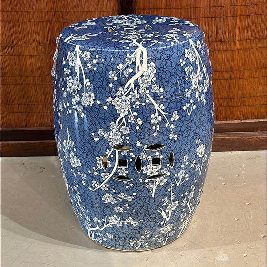 Vintage Chinese Ceramic Round Garden Stool Plum Blossom Motif 18”