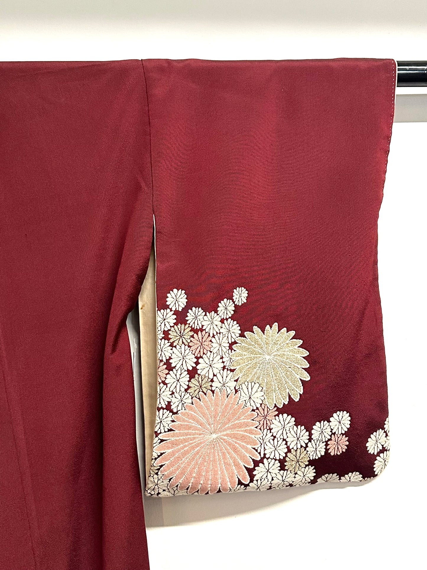 Vintage Japanese Silk Brocade Kimono Woven Kiku Chrysanthemum Burgundy Showa