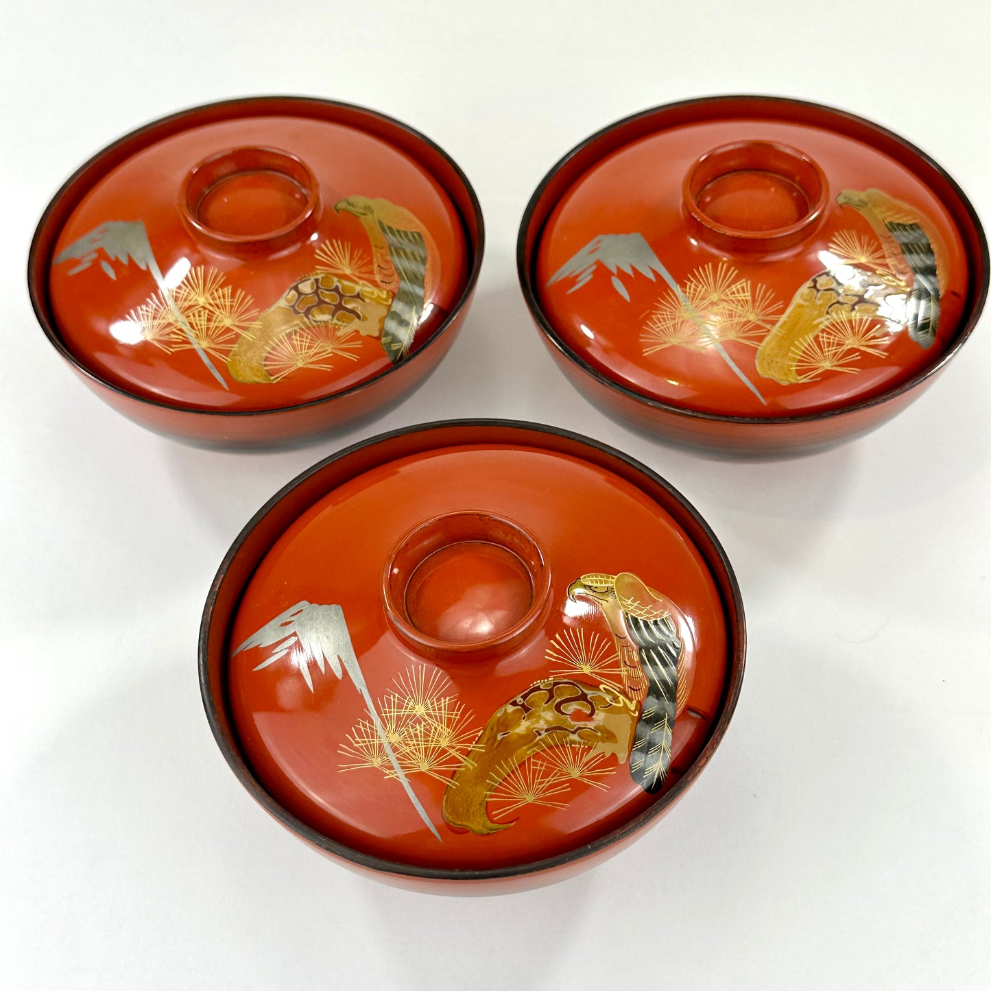 Set of 3 Antique Japanese Meiji Era (c1890's) Red Lacquer Makie Wooden Mt Fuji Hawk Bowl 4.5"