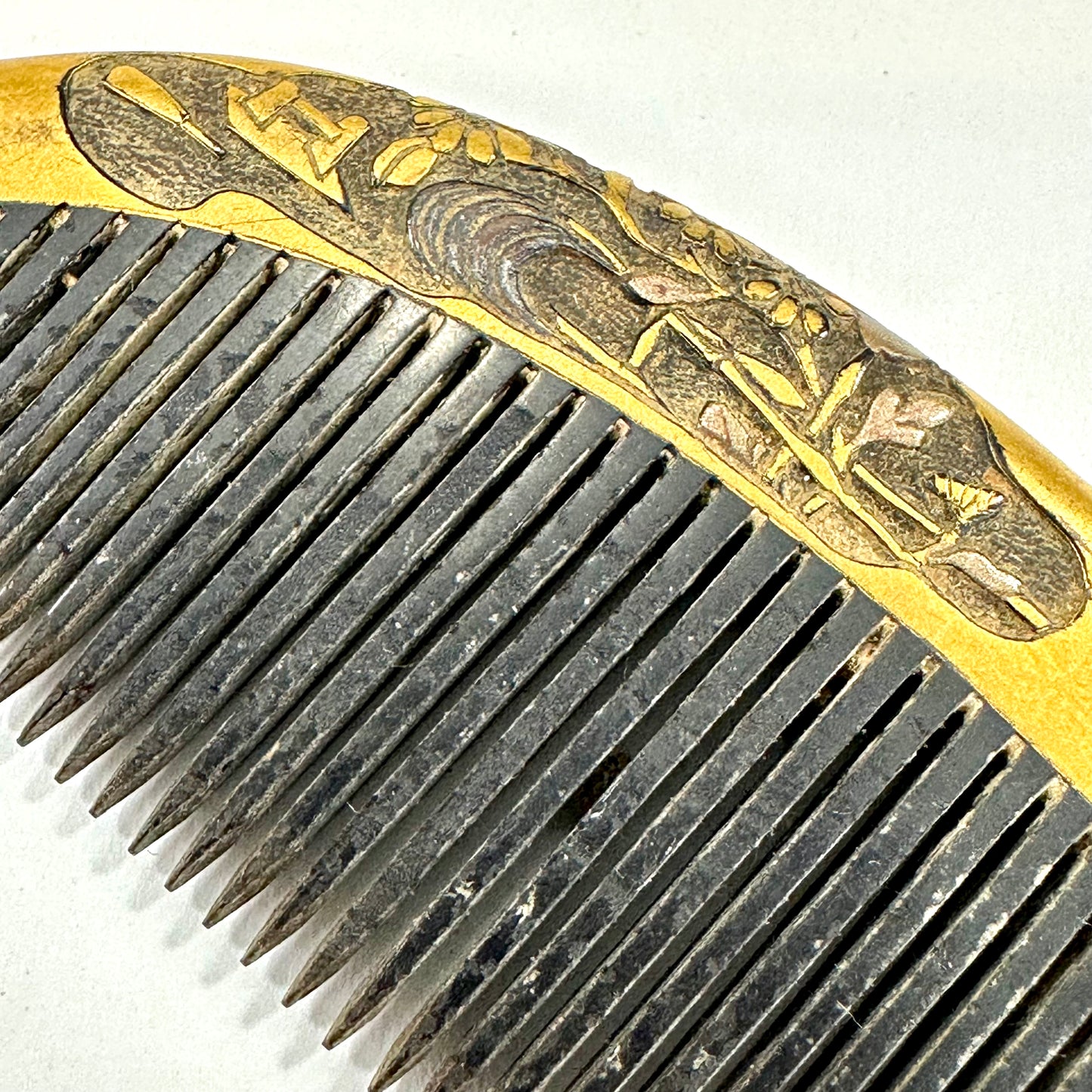 Antique Japanese Geisha Comb Kushi Hairpiece Kanzashi Gold Makie Village 3.75"