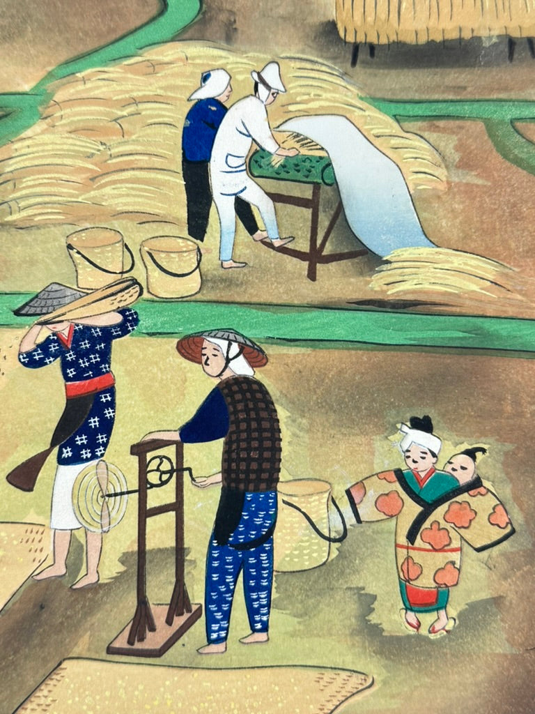 Vintage Japanese Woodblock Print Bakufu Ohno Rice Reaping Kyoto Hanga 15.25"H c1950