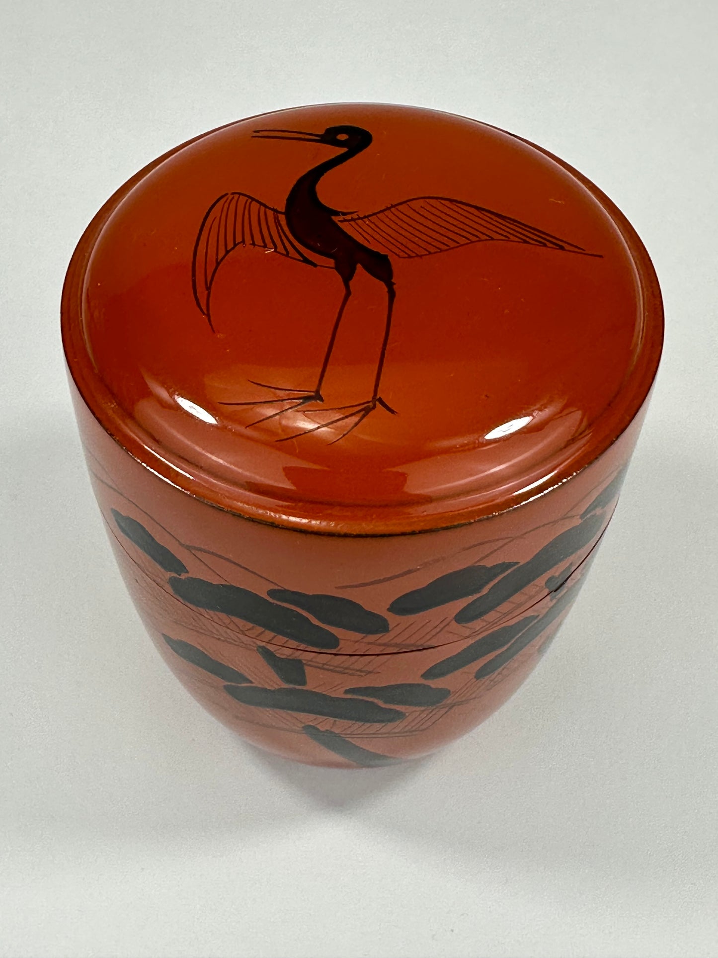 Vintage Japanese Tea Ceremony Natsume Tea Caddy Red Lacquer Crane & Pine Tree