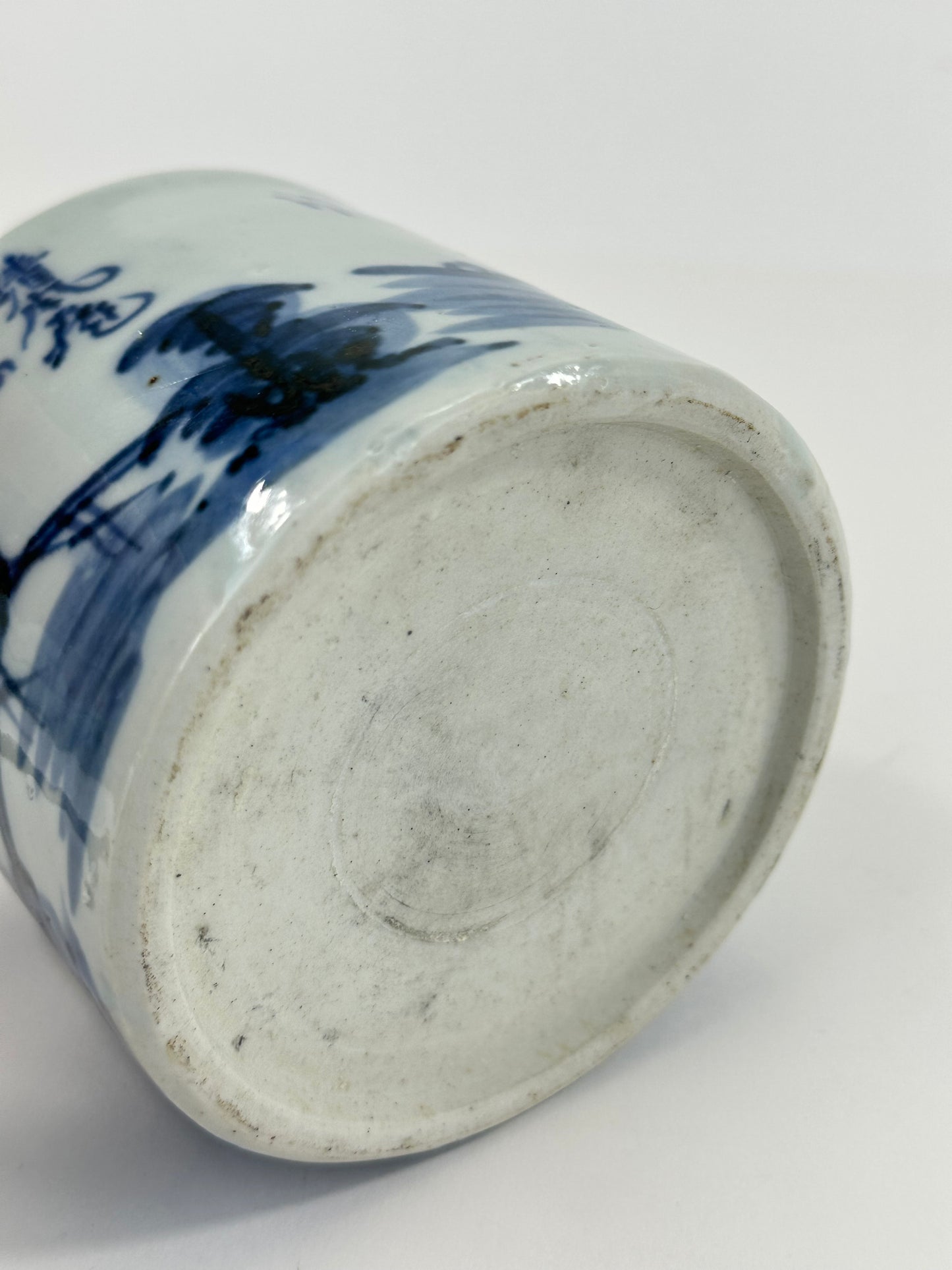 Antique Chinese Qing Period Blue & White Porcelain Brush Pot 4.5"W