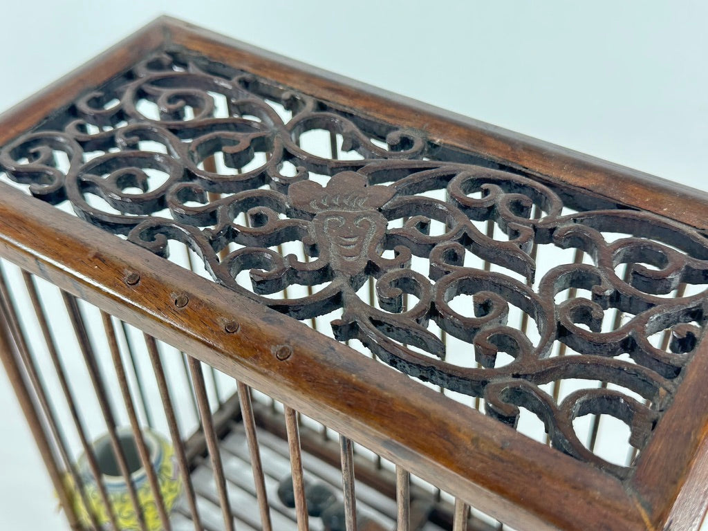 Chinese Hardwood Bamboo Birdcage Famille Jaune Porcelain Pots Carved Fretwork Lid Late Qing 8.5"