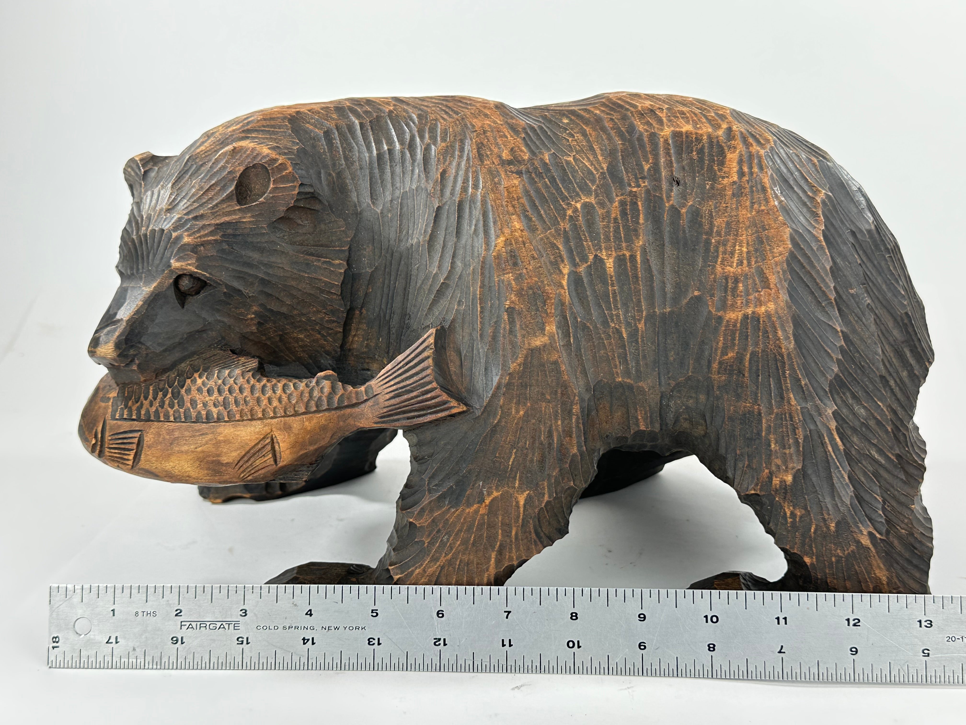 Vintage Japanese Ainu Bear Kuma w/ Salmon Signed & Dated 1972 Sugi