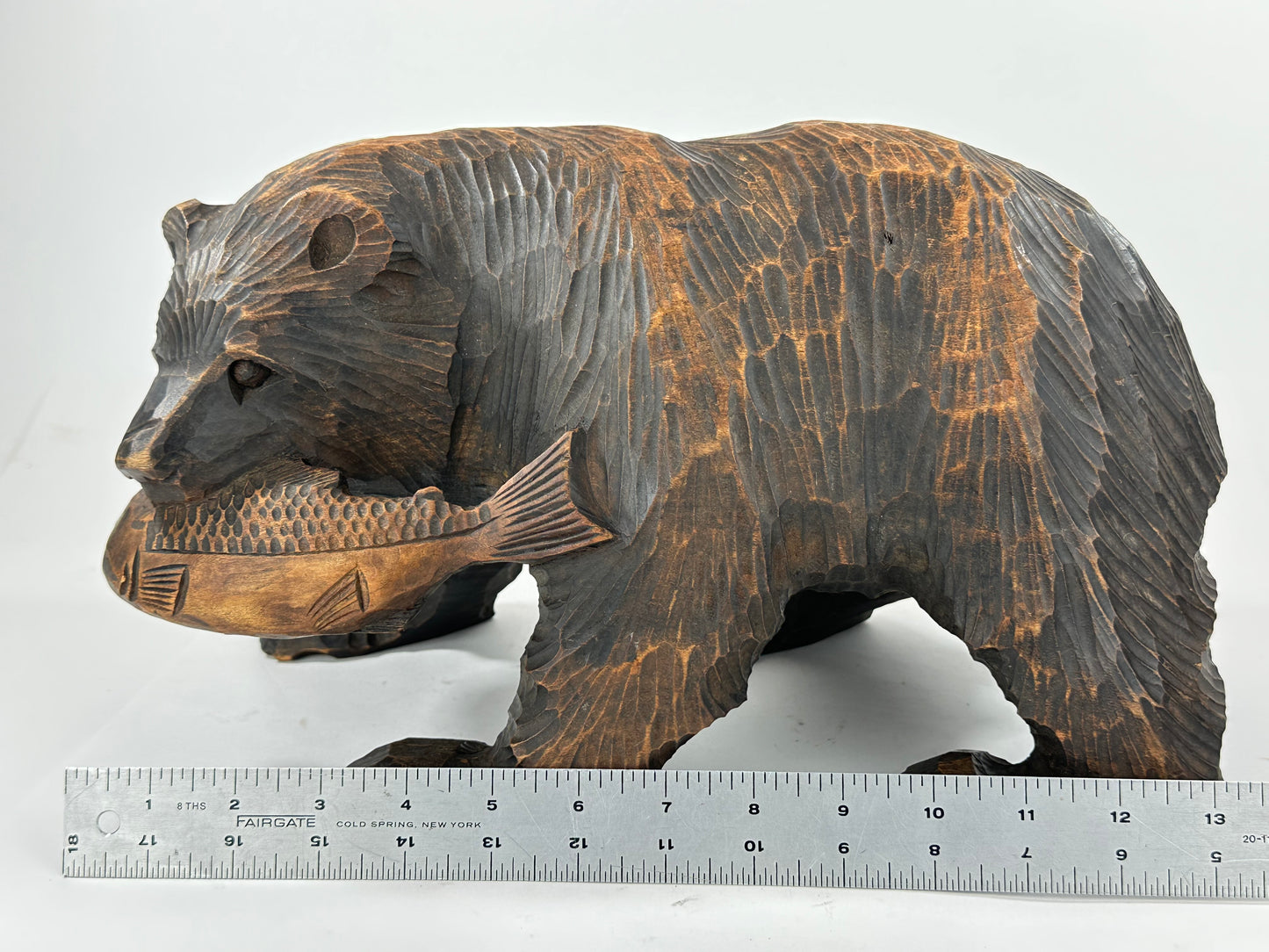 Vintage Japanese Ainu Bear Kuma w/ Salmon Signed & Dated 1972 Sugi Wood ~13"