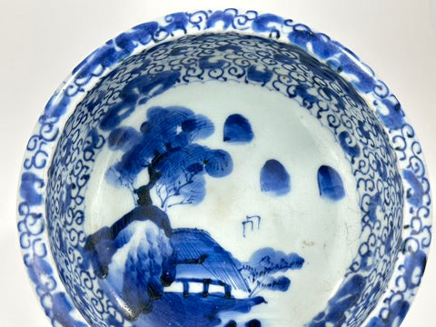 Antique Japanese Imari Blue White Porcelain Bowl Shanshui Landscape Late Edo 6.25"W