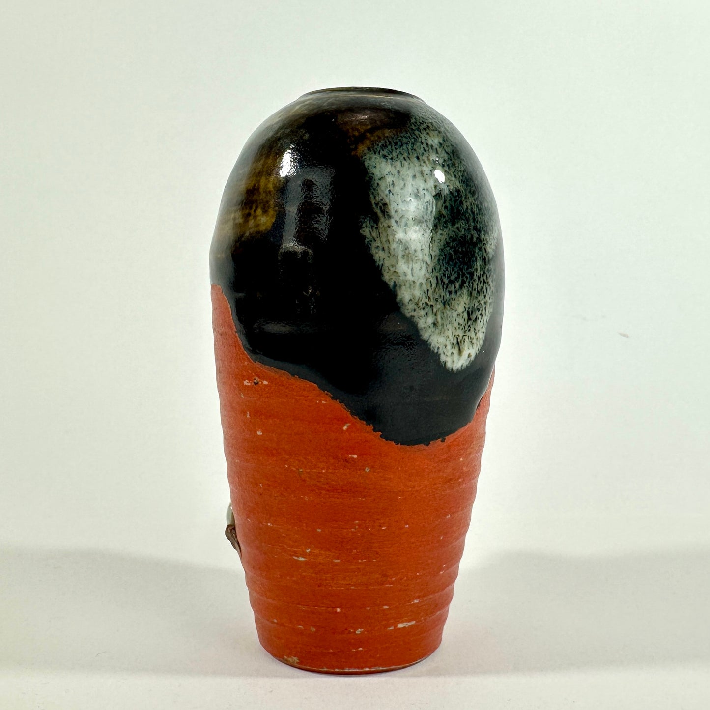 Antique Japanese Sumida Gawa Pottery Vase Figure Boy Red Orange Black Flambe Glaze Meiji 4.5"H