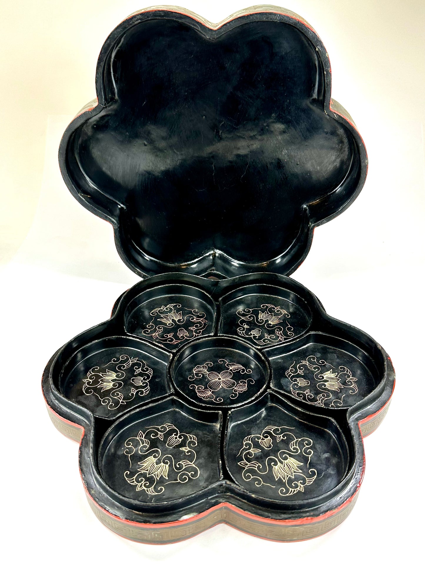 Antique Chinese Lacquer Wooden Box w/ 7 Bowls Floral Arabesque