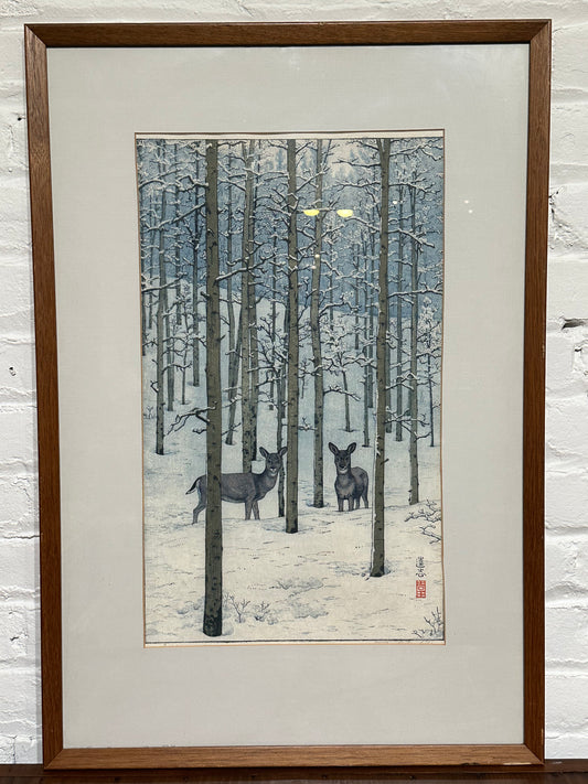Toshi Yoshida Woodblock Print Aspen - Deer in Snow Covered Forest