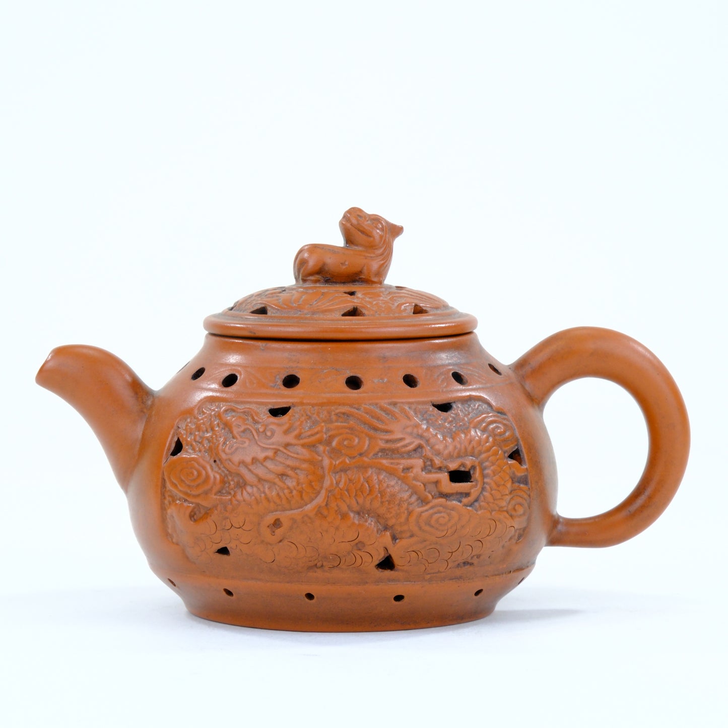 Vintage Chinese Yixing Style Teapot Double Wall Dragon Relief Shishi Finial Hongni Clay 6"